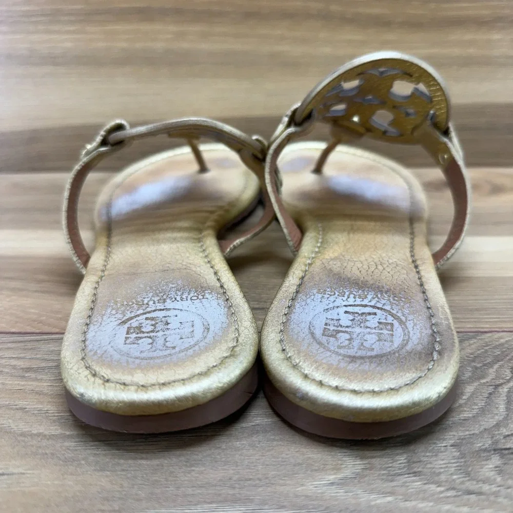 Tory Burch Miller Flip Flops 9 M Gold Pebble Leather Vacation Resort